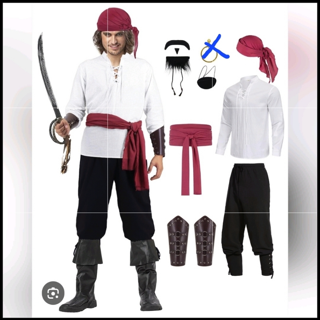 6 Pcs Pirate Costume Men Adult Halloween Medieval Renaissance Costumes Set Xl